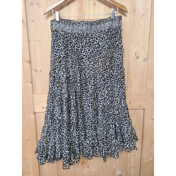 Dimri Dresses & Skirts - Dimri Leopard Print Midi Skirt Women L Brown Good Beaded Tiered Ruffle Y2K Glam
